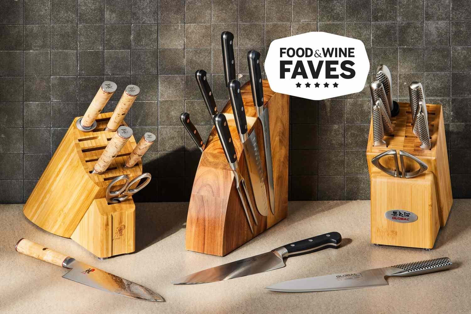 A high-quality knife set displayed on a modern kitchen counter with soft lighting.